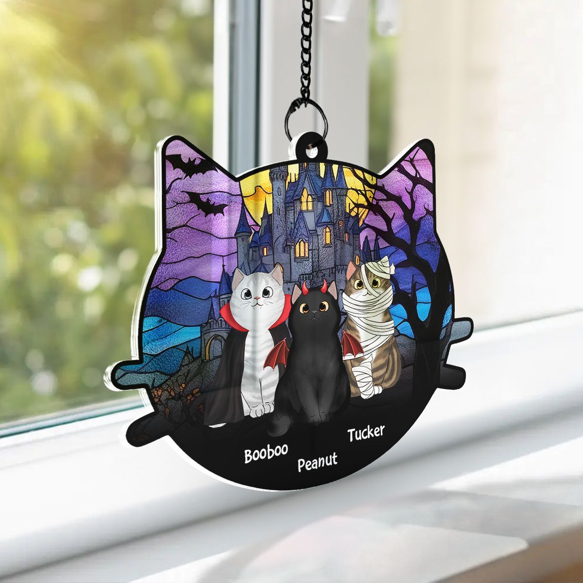 Halloween Cat Face Shaped Personalized Window Hanging Suncatcher Ornament, Halloween Decor For Cat Lovers  ORHA2208