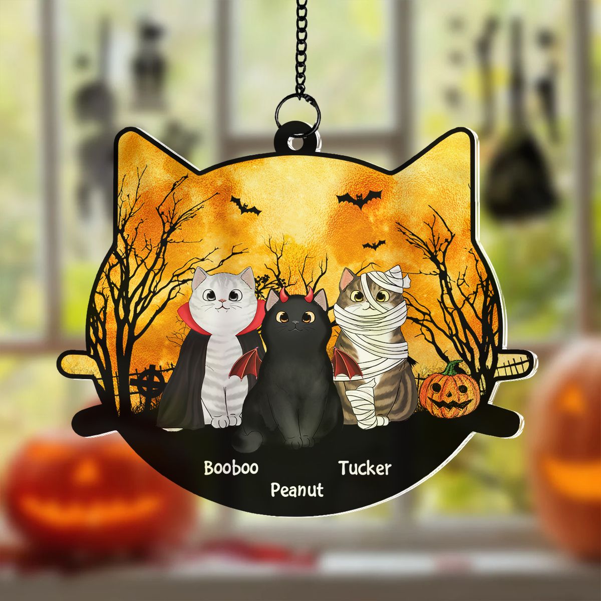 Halloween Cat Face Shaped Personalized Window Hanging Suncatcher Ornament, Halloween Decor For Cat Lovers  ORHA2208