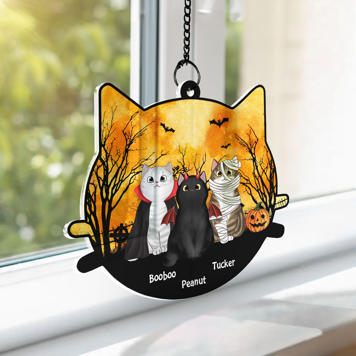 Halloween Cat Face Shaped Personalized Window Hanging Suncatcher Ornament, Halloween Decor For Cat Lovers  ORHA2208