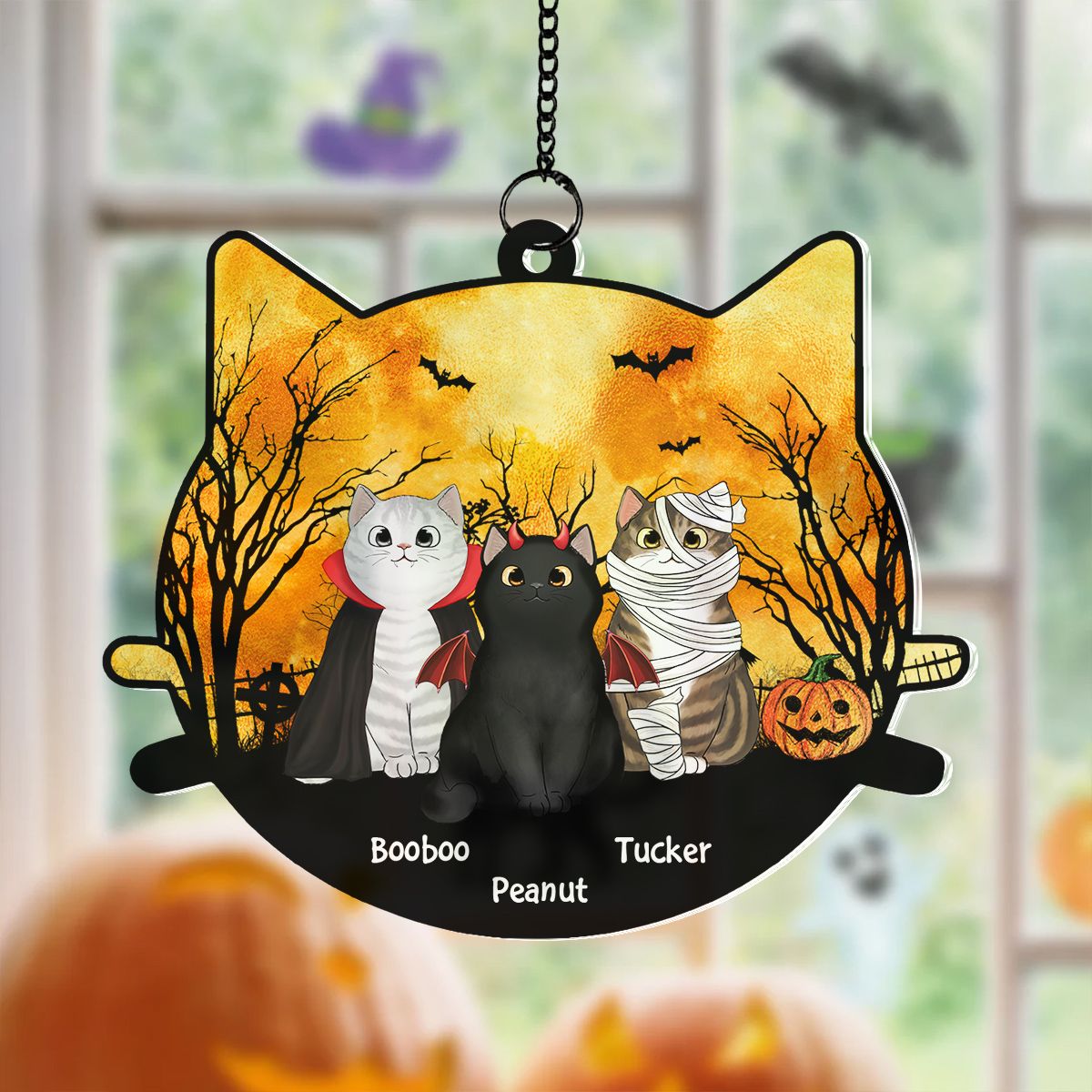 Halloween Cat Face Shaped Personalized Window Hanging Suncatcher Ornament, Halloween Decor For Cat Lovers  ORHA2208