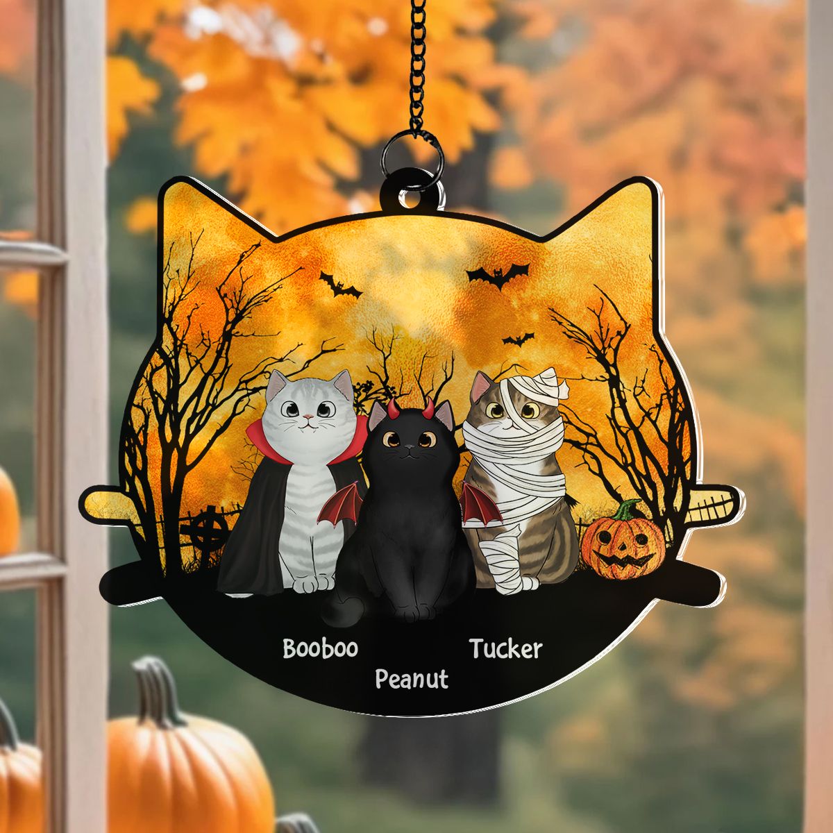 Halloween Cat Face Shaped Personalized Window Hanging Suncatcher Ornament, Halloween Decor For Cat Lovers  ORHA2208