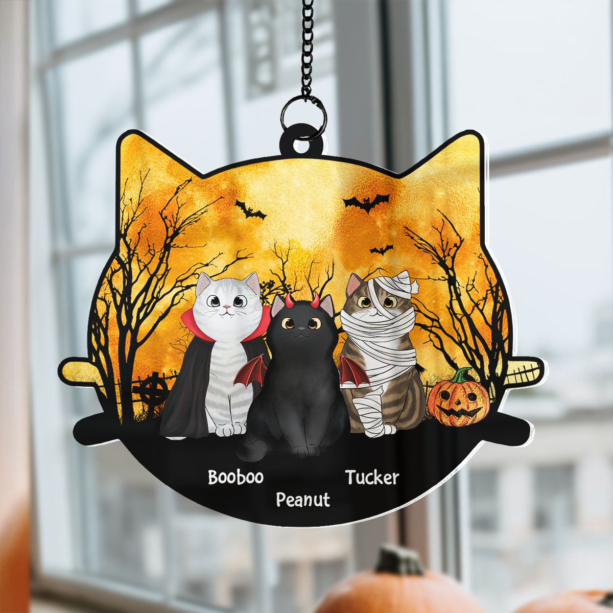 Halloween Cat Face Shaped Personalized Window Hanging Suncatcher Ornament, Halloween Decor For Cat Lovers  ORHA2208