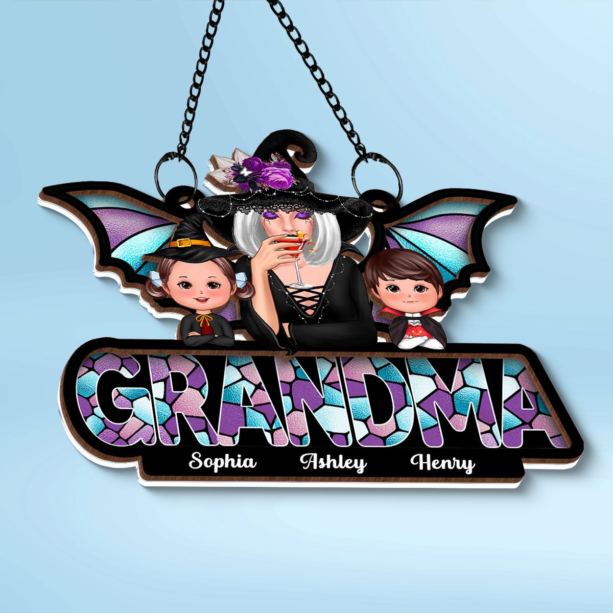 Halloween Grandma And Grandkids On Text Personalized Suncatcher  ORHA2208