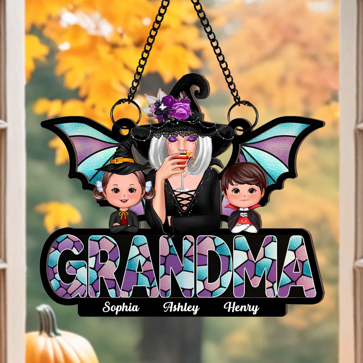Halloween Grandma And Grandkids On Text Personalized Suncatcher  ORHA2208