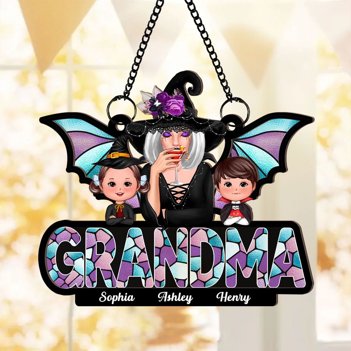 Halloween Grandma And Grandkids On Text Personalized Suncatcher  ORHA2208