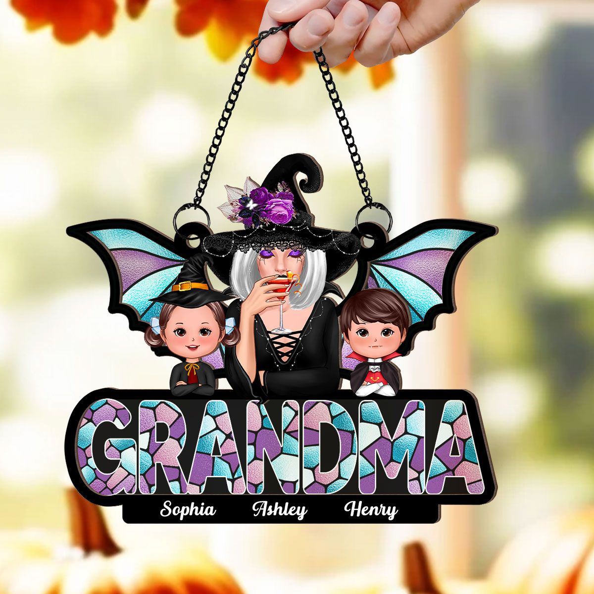 Halloween Grandma And Grandkids On Text Personalized Suncatcher  ORHA2208