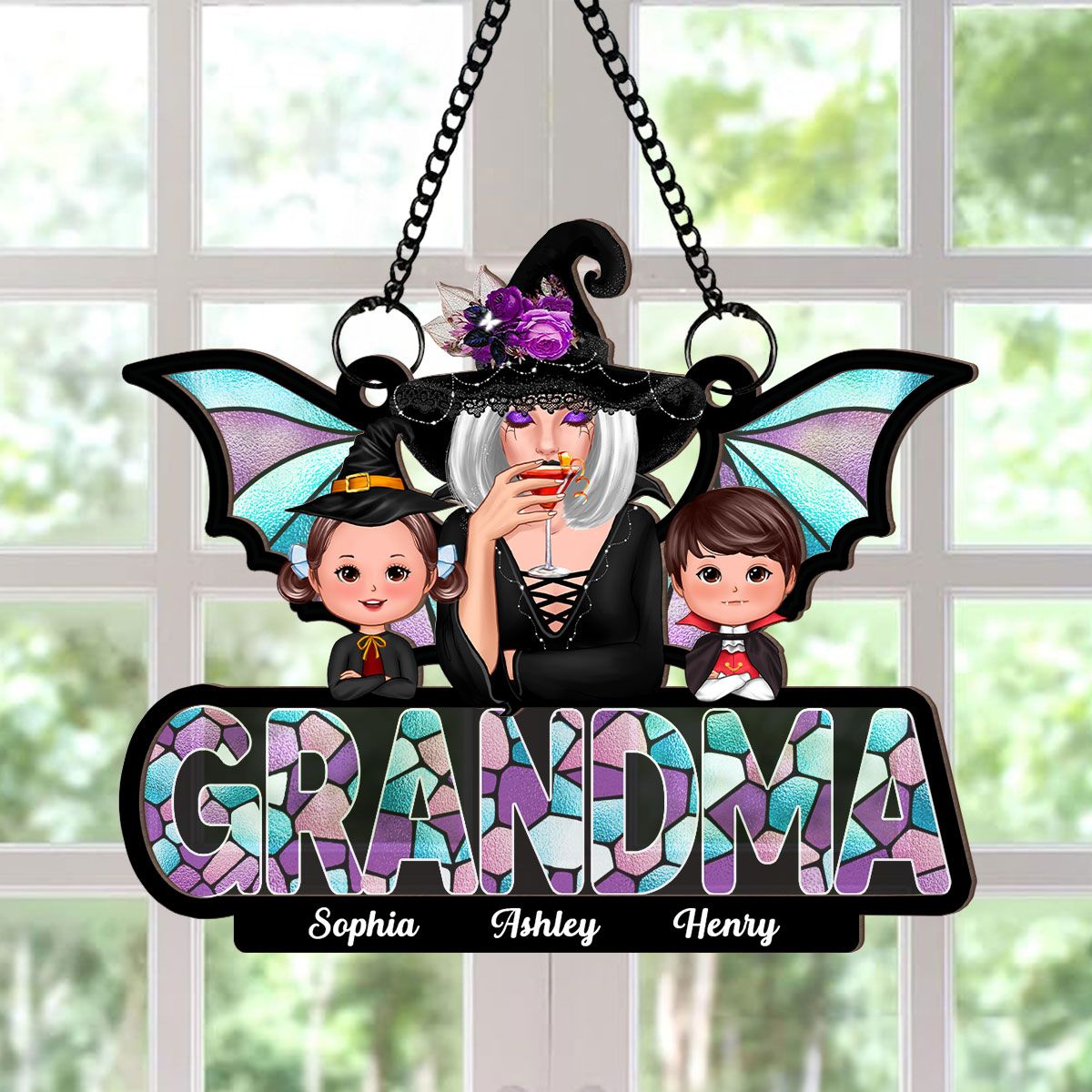 Halloween Grandma And Grandkids On Text Personalized Suncatcher  ORHA2208