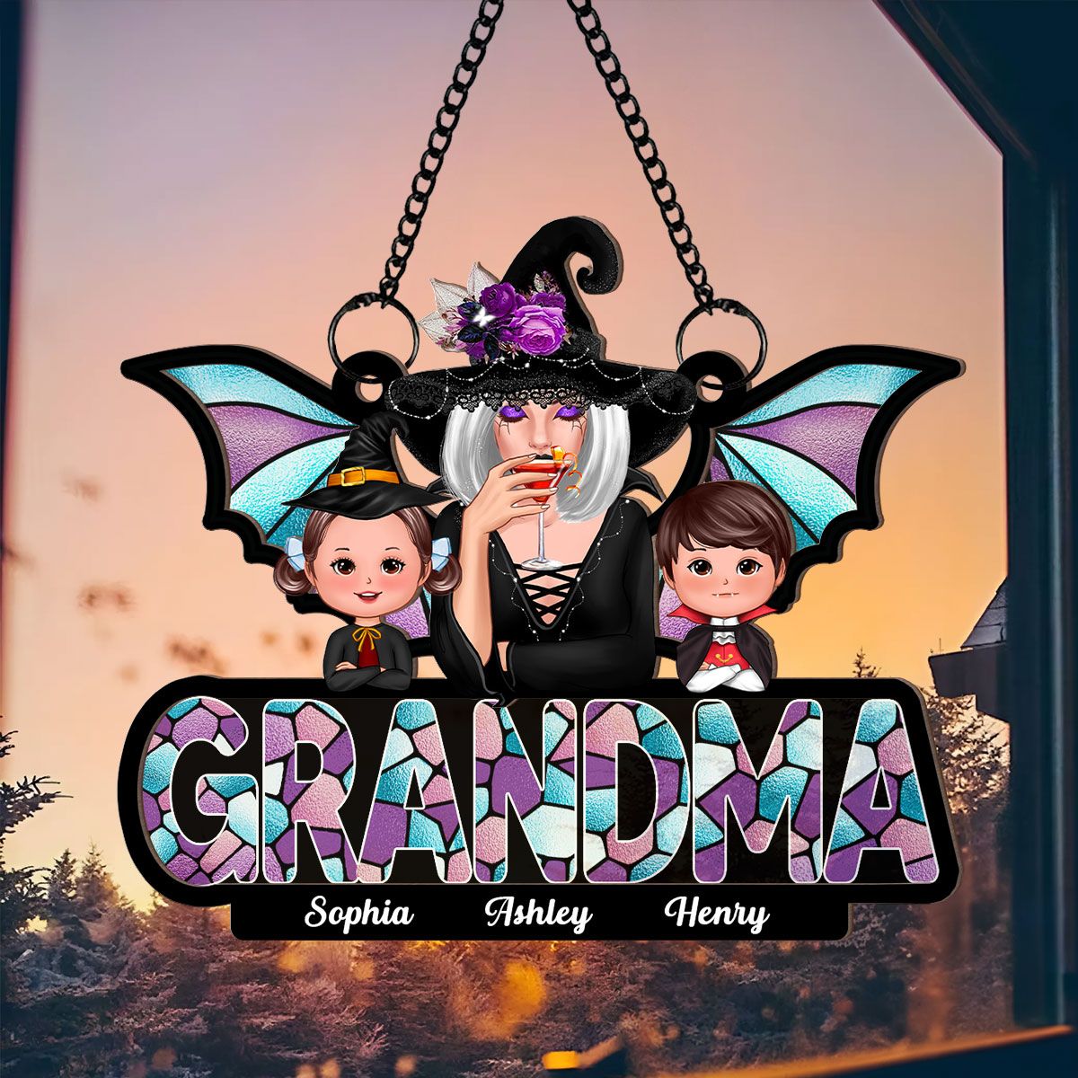Halloween Grandma And Grandkids On Text Personalized Suncatcher  ORHA2208