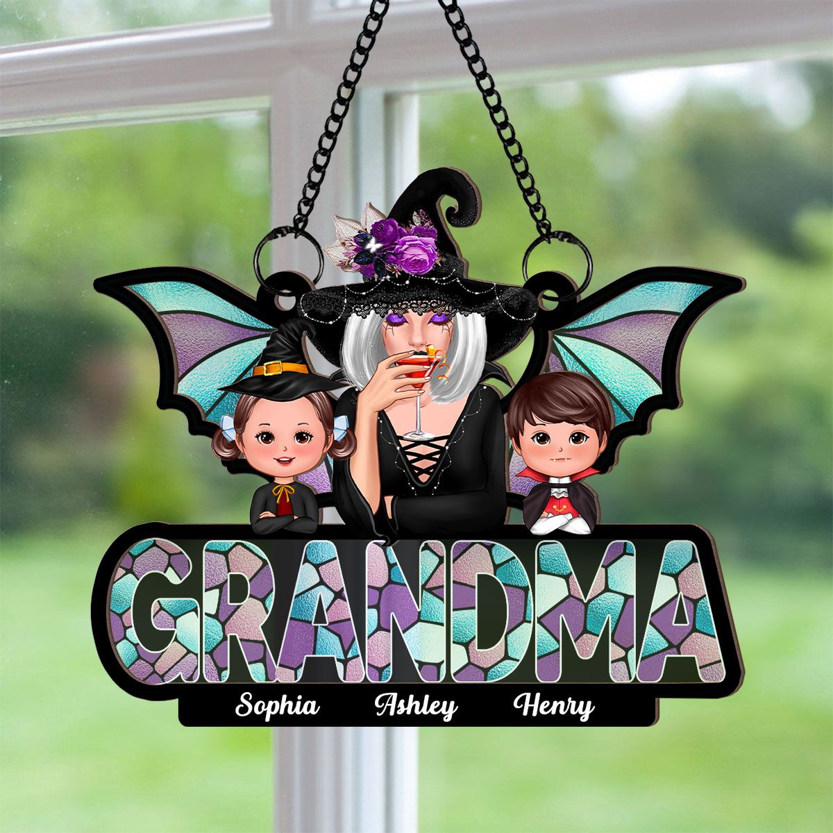 Halloween Grandma And Grandkids On Text Personalized Suncatcher  ORHA2208