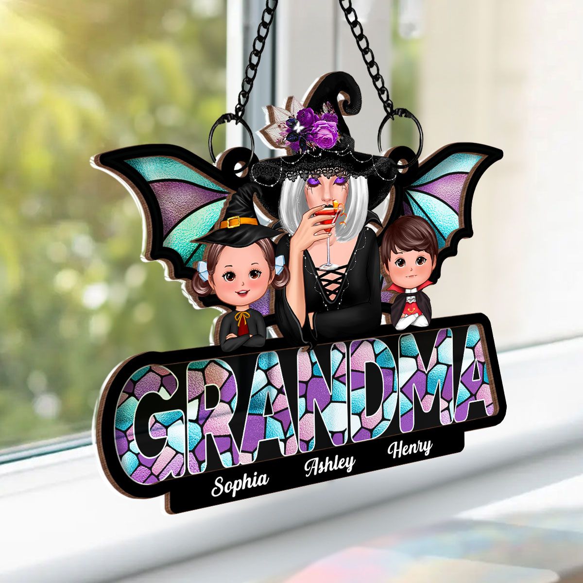 Halloween Grandma And Grandkids On Text Personalized Suncatcher  ORHA2208