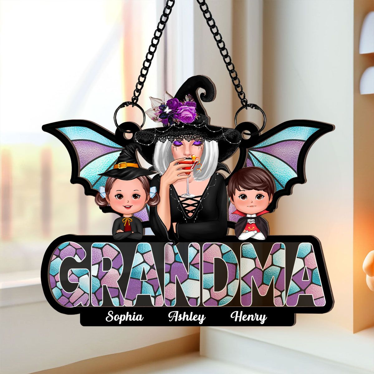 Halloween Grandma And Grandkids On Text Personalized Suncatcher  ORHA2208