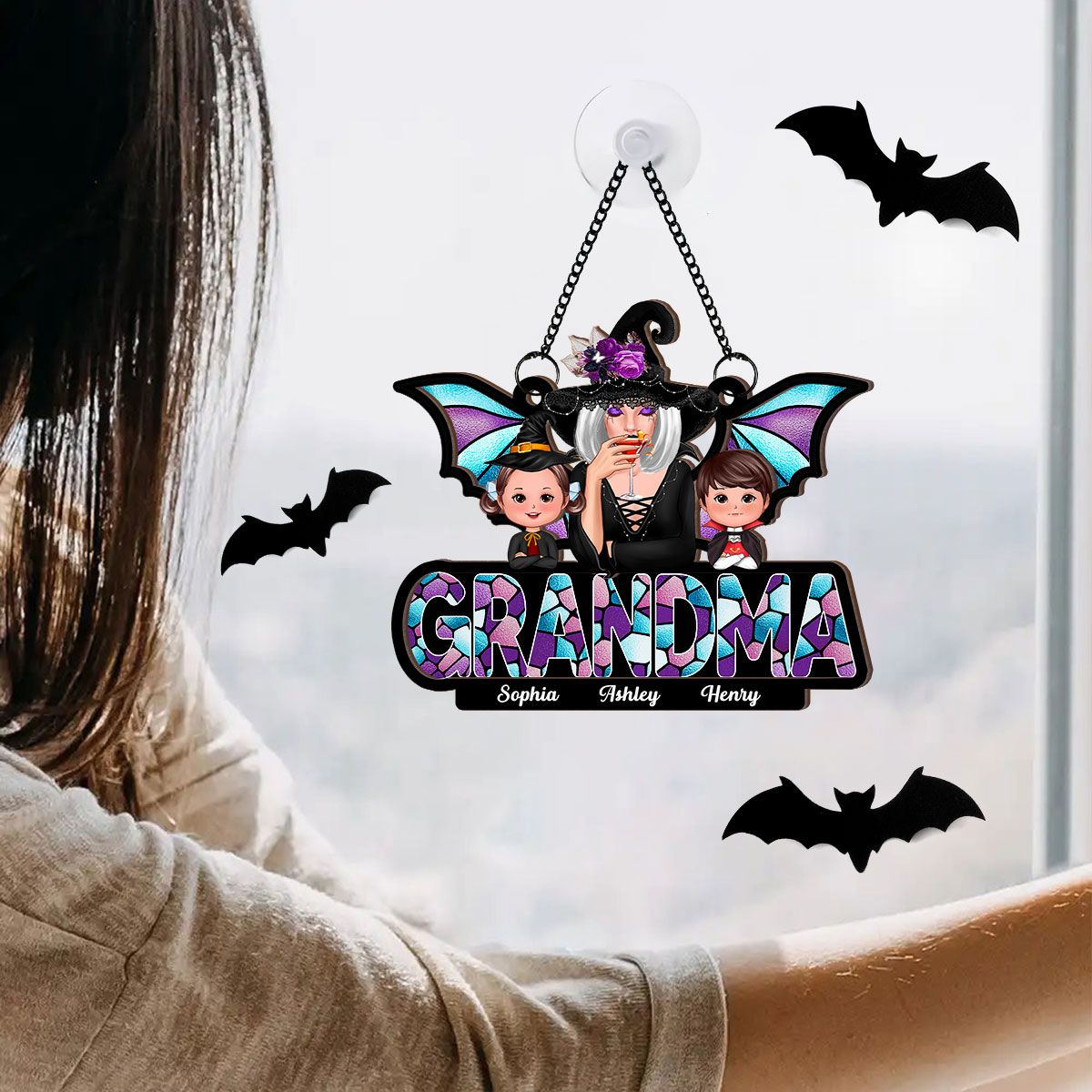 Halloween Grandma And Grandkids On Text Personalized Suncatcher  ORHA2208