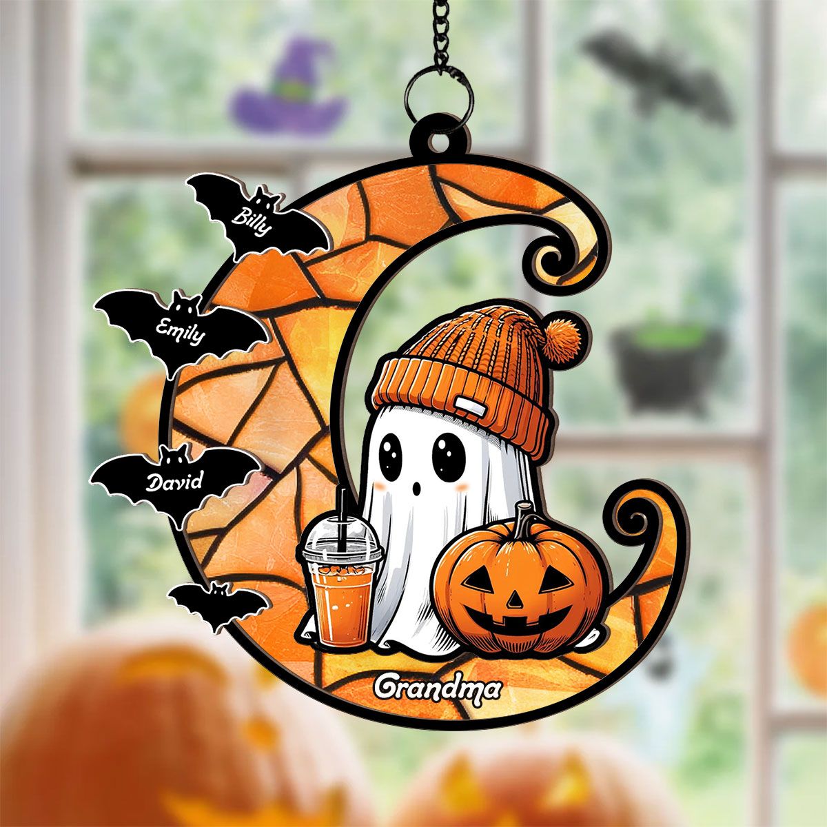 Halloween Grandma Boo & Bats Kids On Moon Personalized Suncatcher, Gift For Grandma  ORHA2208