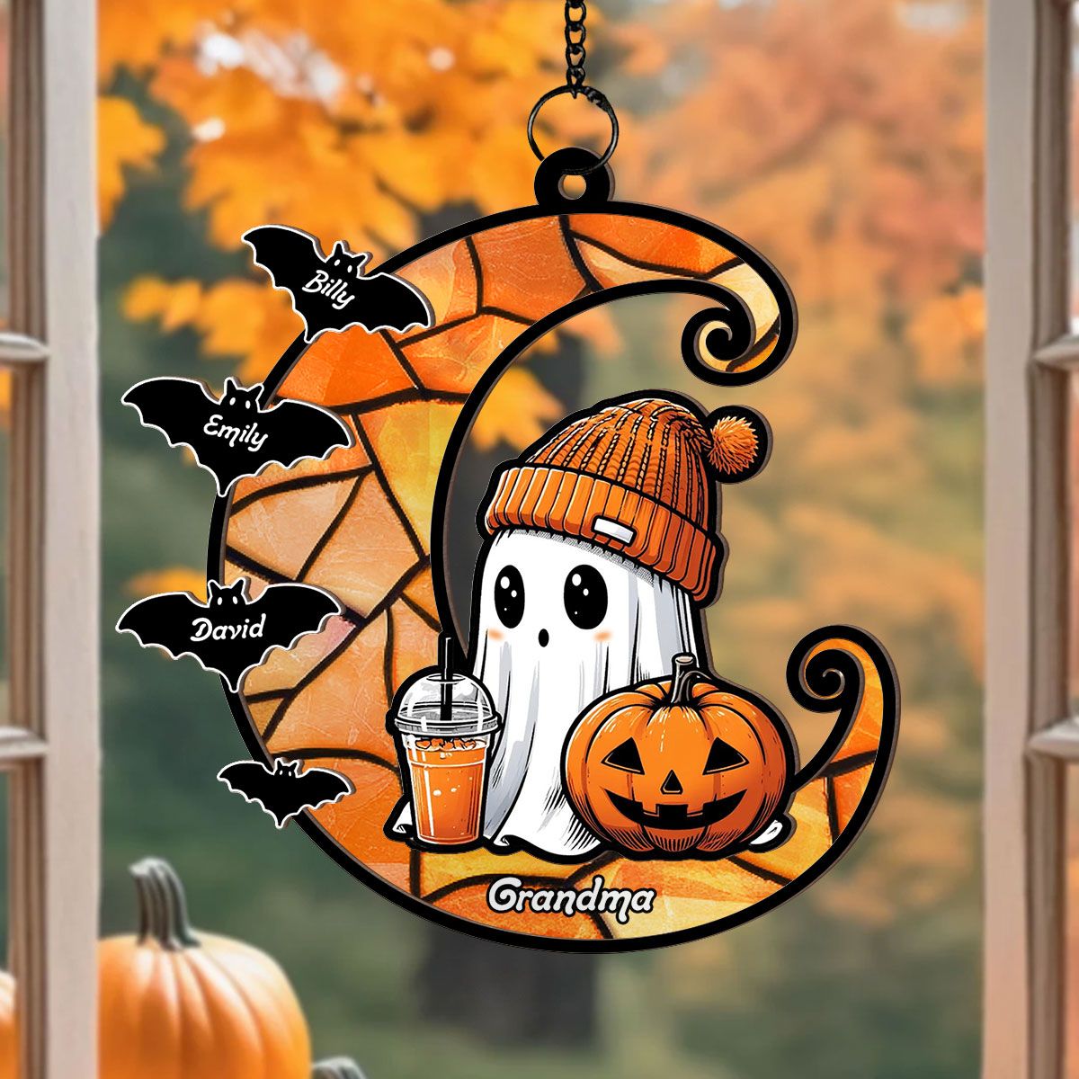 Halloween Grandma Boo & Bats Kids On Moon Personalized Suncatcher, Gift For Grandma  ORHA2208
