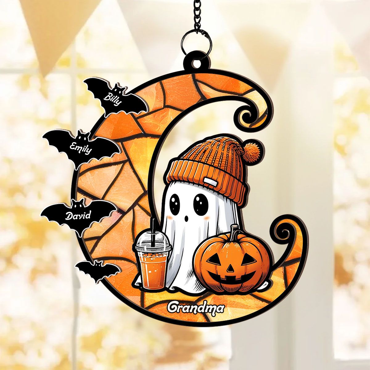 Halloween Grandma Boo & Bats Kids On Moon Personalized Suncatcher, Gift For Grandma  ORHA2208
