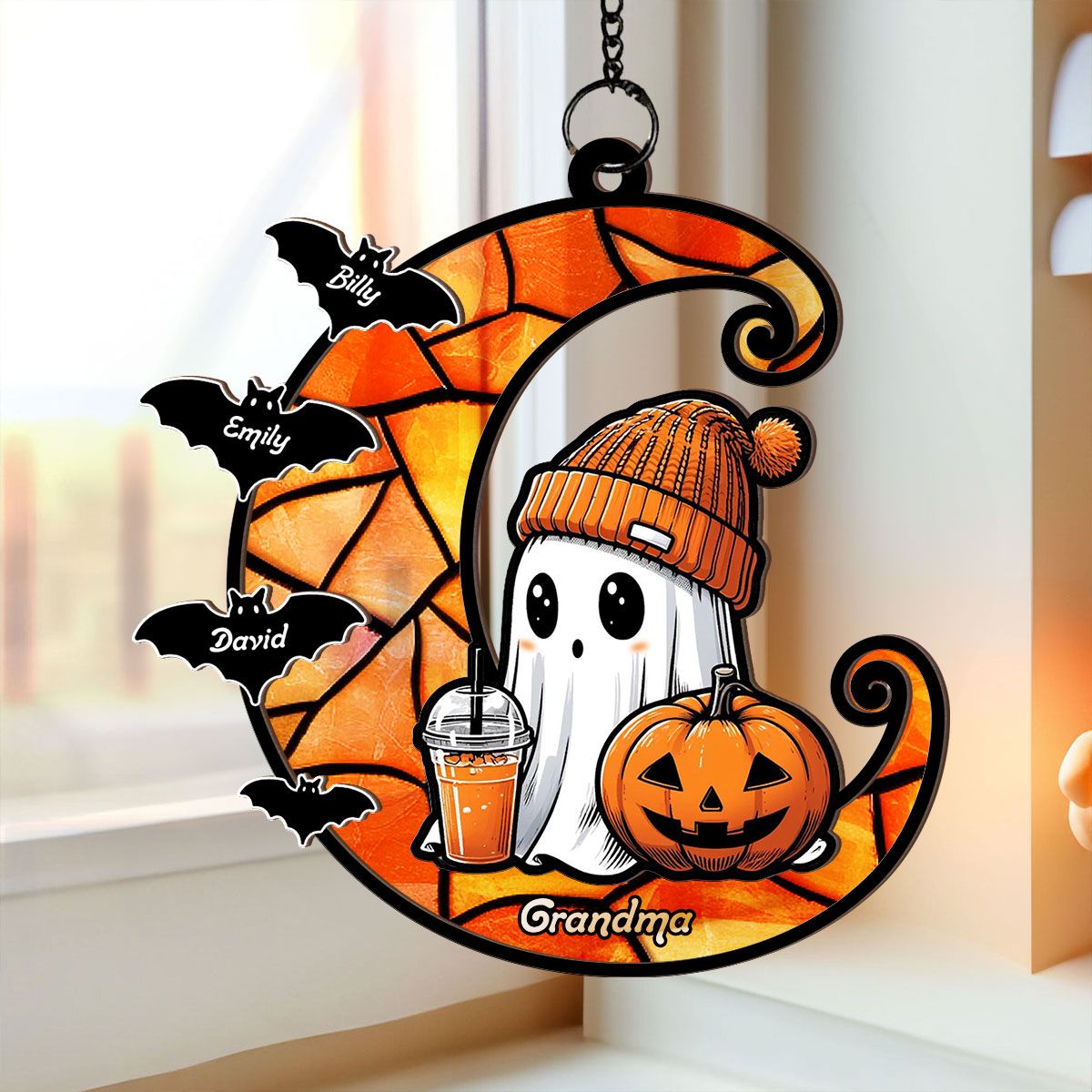 Halloween Grandma Boo & Bats Kids On Moon Personalized Suncatcher, Gift For Grandma  ORHA2208