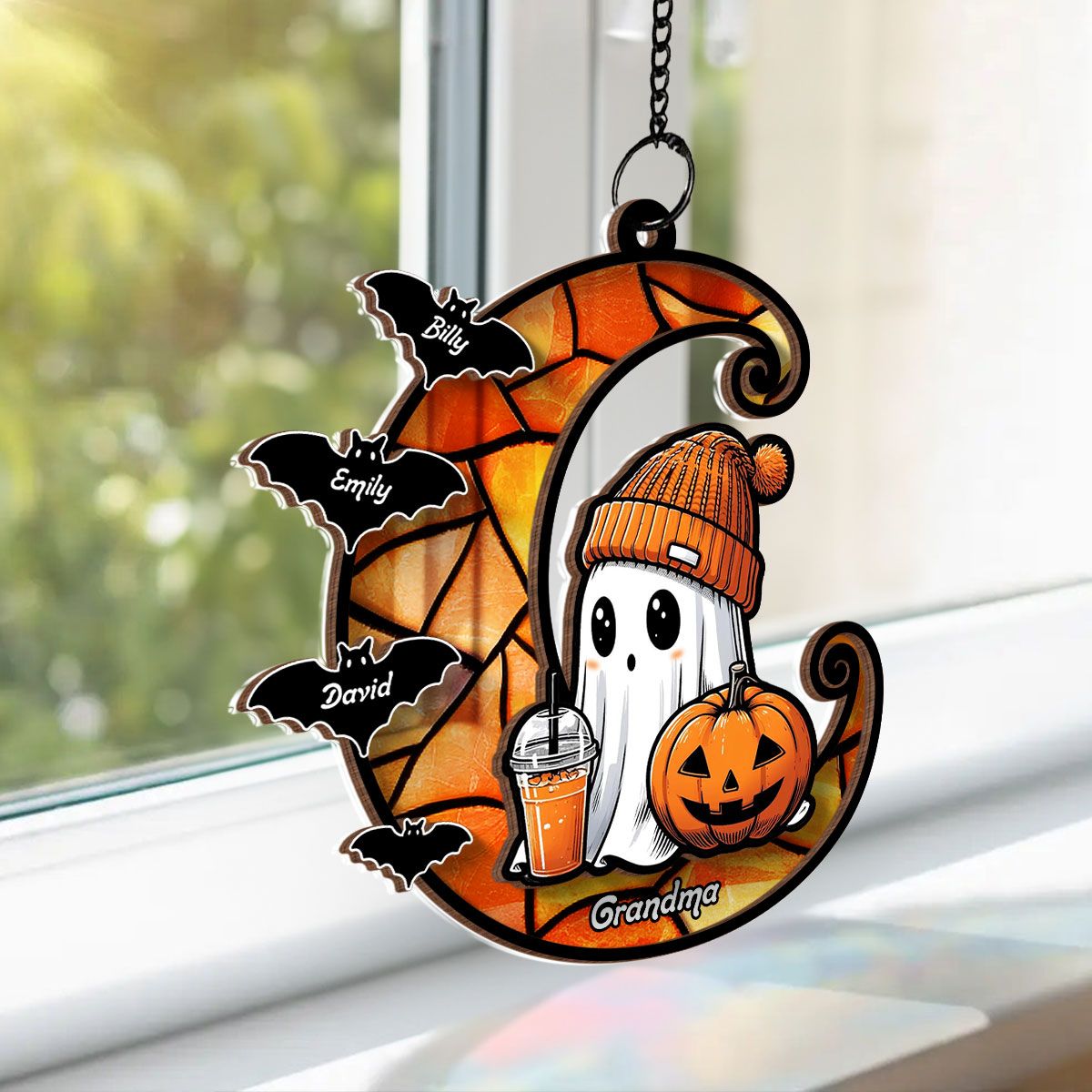 Halloween Grandma Boo & Bats Kids On Moon Personalized Suncatcher, Gift For Grandma  ORHA2208