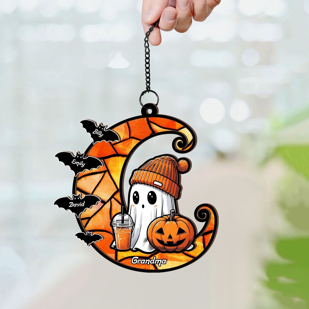 Halloween Grandma Boo & Bats Kids On Moon Personalized Suncatcher, Gift For Grandma  ORHA2208