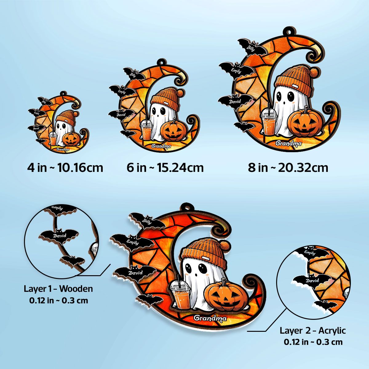 Halloween Grandma Boo & Bats Kids On Moon Personalized Suncatcher, Gift For Grandma  ORHA2208