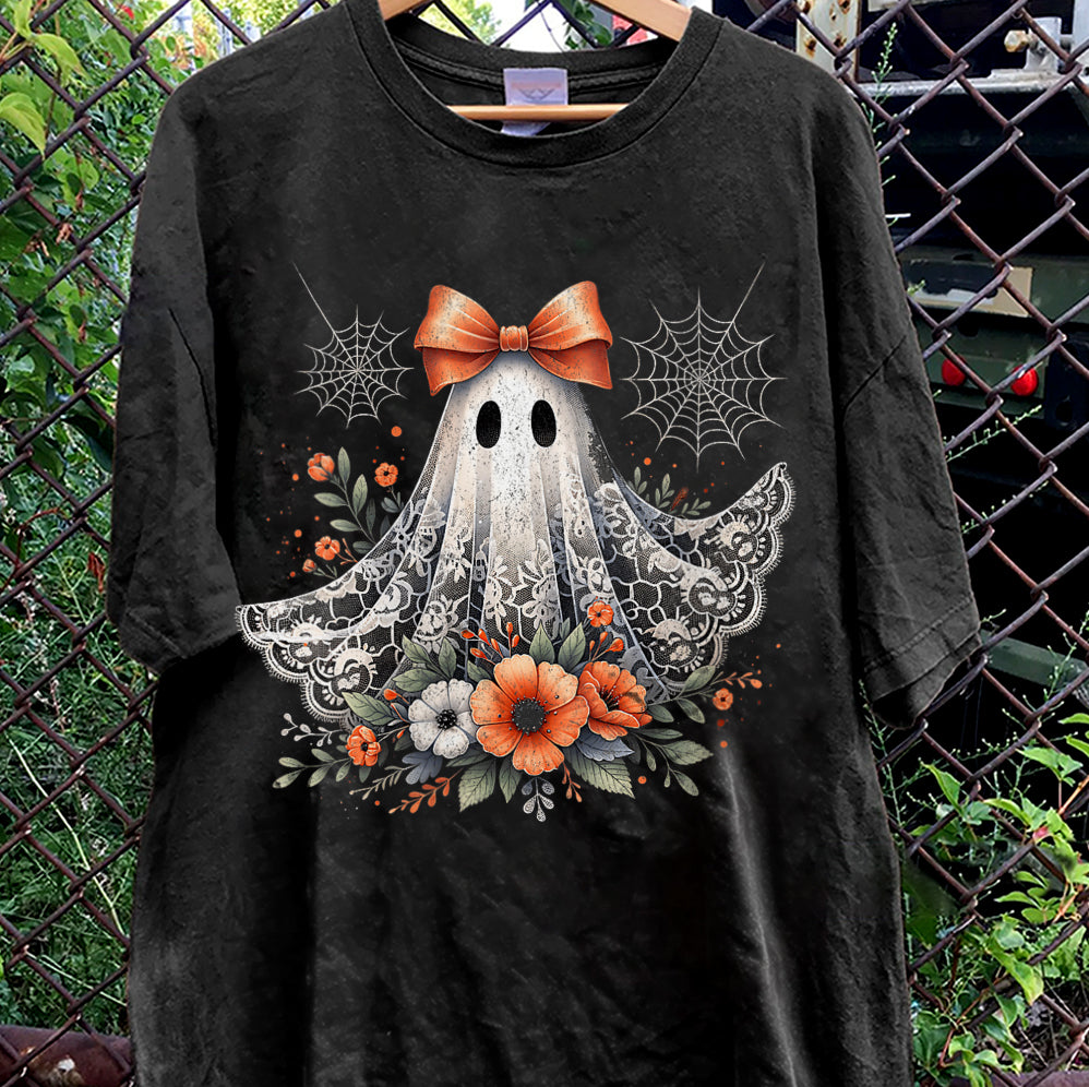 Halloween Lace Ghost T Shirt, Spooky Coquette T-Shirt, Girly Ghost Orange Bow T Shirt, Lacey Ghost Tee pooky Season Top Outfit