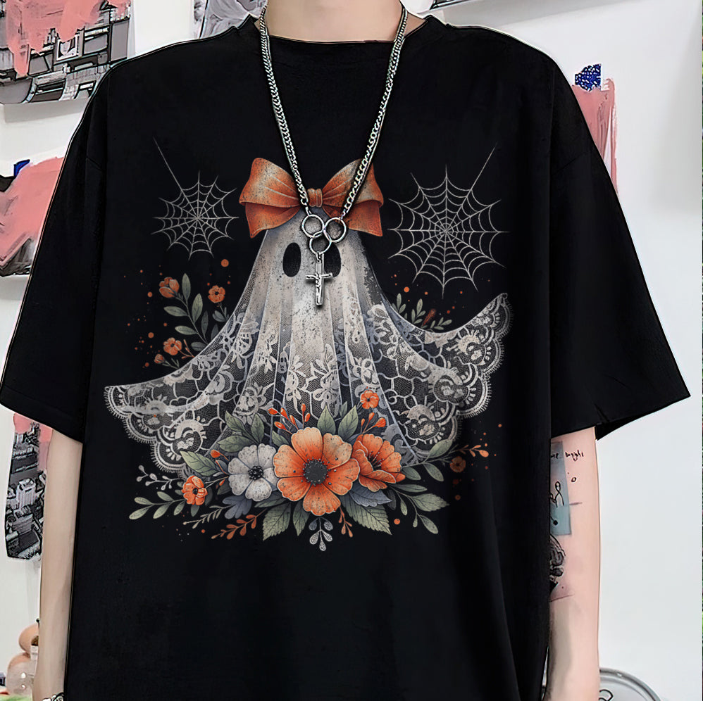 Halloween Lace Ghost T Shirt, Spooky Coquette T-Shirt, Girly Ghost Orange Bow T Shirt, Lacey Ghost Tee pooky Season Top Outfit