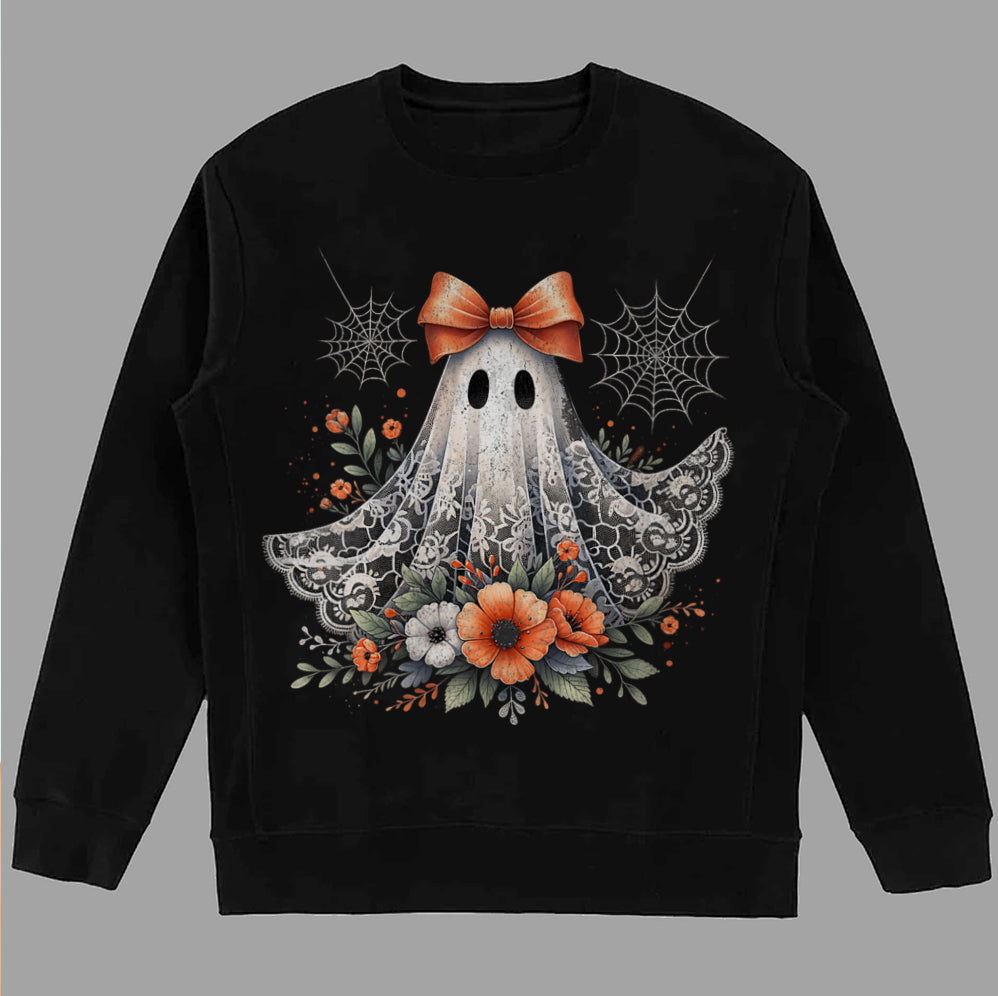 Halloween Lace Ghost T Shirt, Spooky Coquette T-Shirt, Girly Ghost Orange Bow T Shirt, Lacey Ghost Tee pooky Season Top Outfit