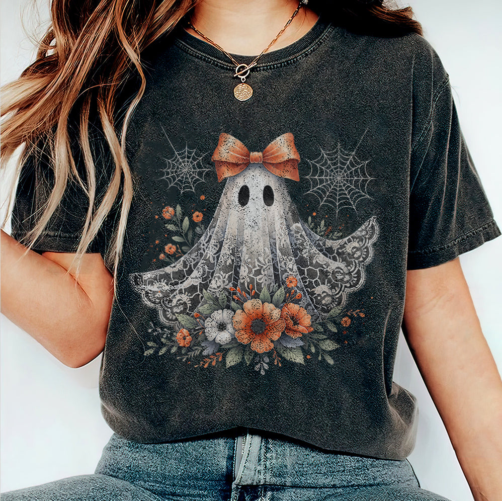 Halloween Lace Ghost T Shirt, Spooky Coquette T-Shirt, Girly Ghost Orange Bow T Shirt, Lacey Ghost Tee pooky Season Top Outfit