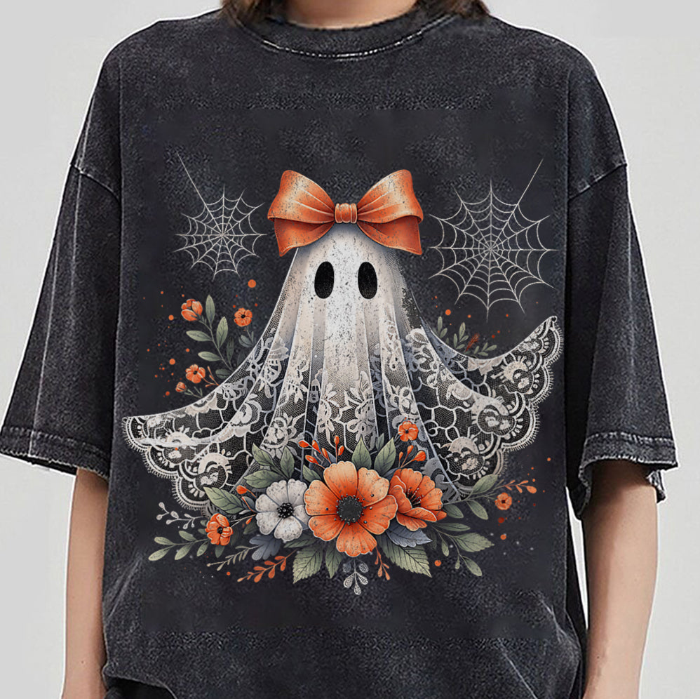 Halloween Lace Ghost T Shirt, Spooky Coquette T-Shirt, Girly Ghost Orange Bow T Shirt, Lacey Ghost Tee pooky Season Top Outfit