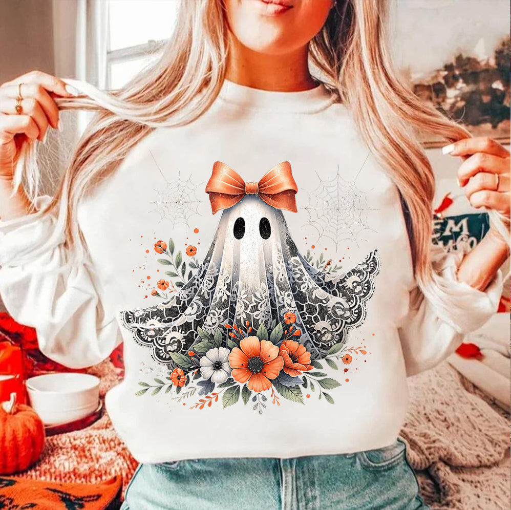 Halloween Lace Ghost T Shirt, Spooky Coquette T-Shirt, Girly Ghost Orange Bow T Shirt, Lacey Ghost Tee pooky Season Top Outfit