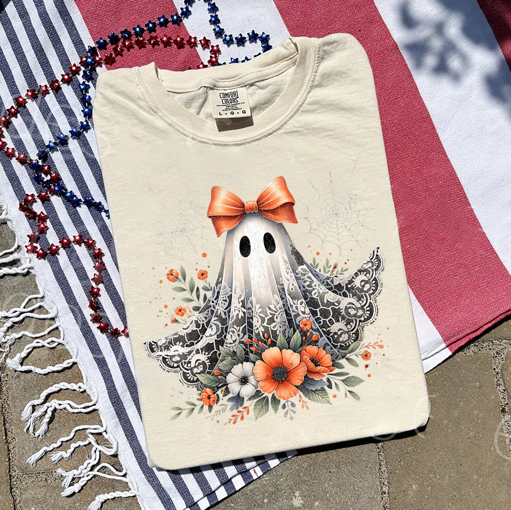 Halloween Lace Ghost T Shirt, Spooky Coquette T-Shirt, Girly Ghost Orange Bow T Shirt, Lacey Ghost Tee pooky Season Top Outfit