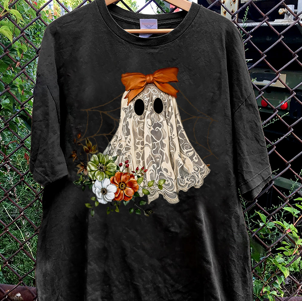 Halloween Lace Ghost T Shirt, Spooky Coquette T-Shirt, Girly Ghost Orange Bow T Shirt v2, Lacey Ghost Tee pooky Season Top Outfit