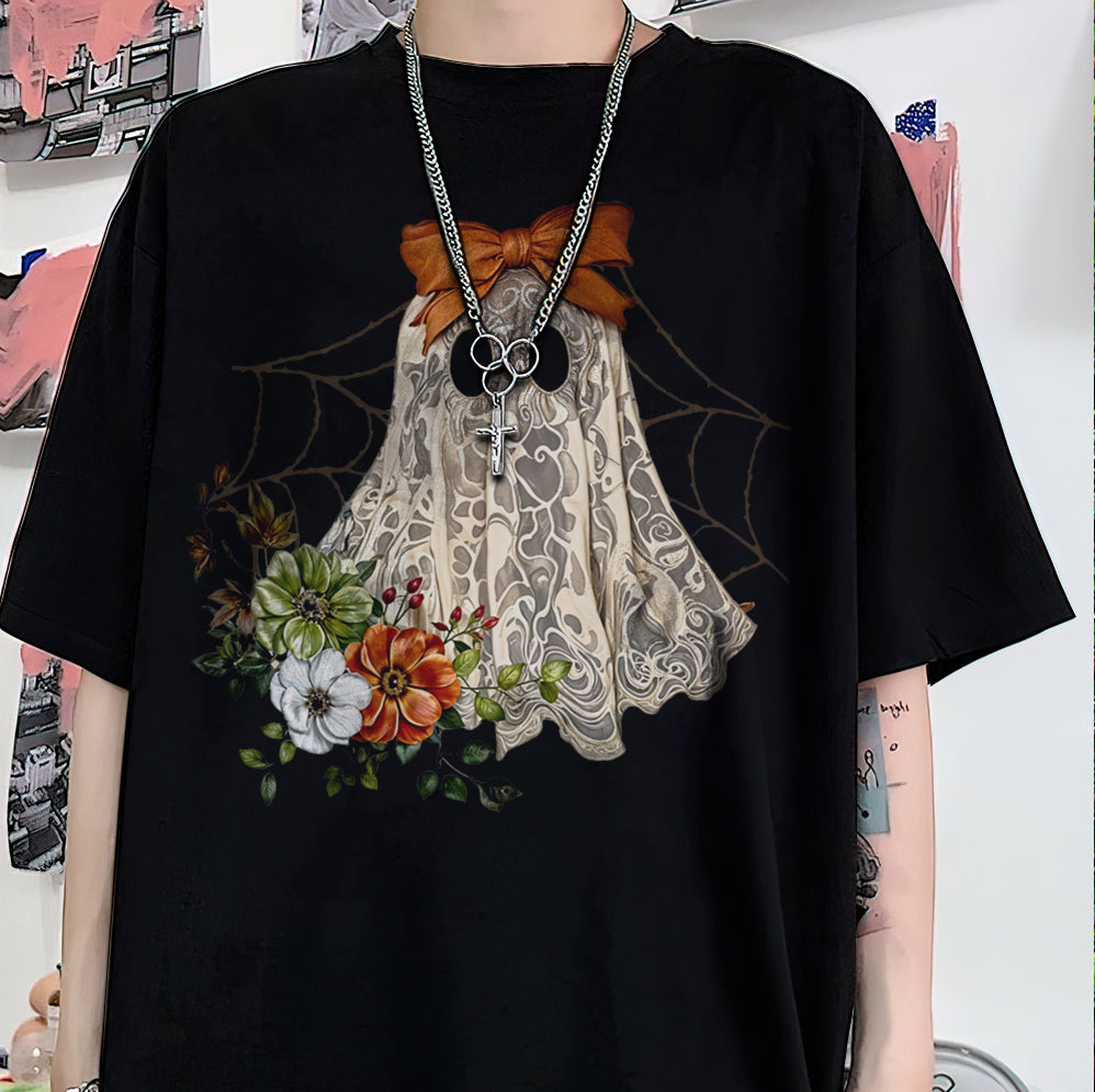 Halloween Lace Ghost T Shirt, Spooky Coquette T-Shirt, Girly Ghost Orange Bow T Shirt v2, Lacey Ghost Tee pooky Season Top Outfit
