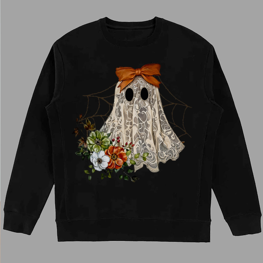 Halloween Lace Ghost T Shirt, Spooky Coquette T-Shirt, Girly Ghost Orange Bow T Shirt v2, Lacey Ghost Tee pooky Season Top Outfit
