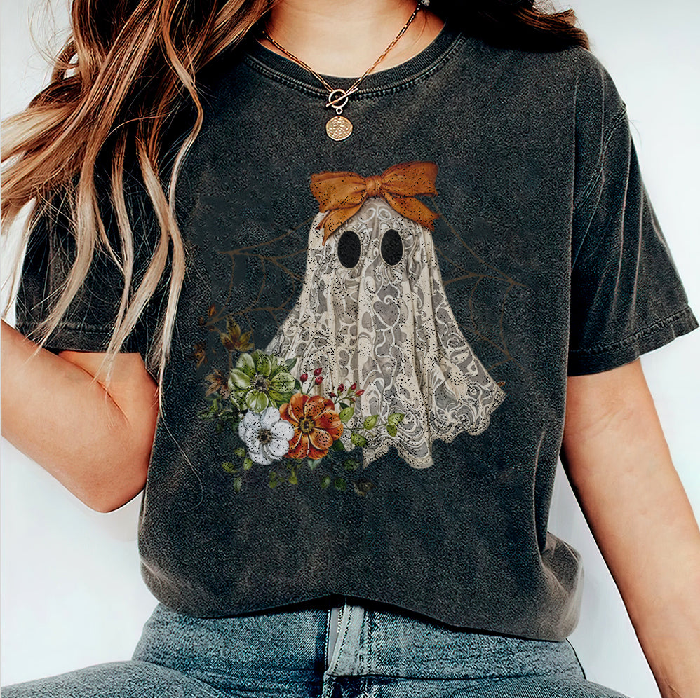 Halloween Lace Ghost T Shirt, Spooky Coquette T-Shirt, Girly Ghost Orange Bow T Shirt v2, Lacey Ghost Tee pooky Season Top Outfit