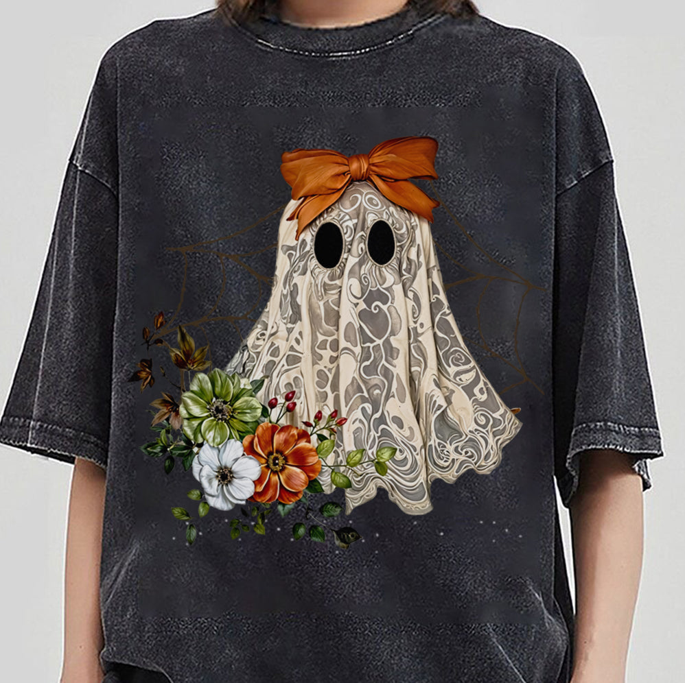 Halloween Lace Ghost T Shirt, Spooky Coquette T-Shirt, Girly Ghost Orange Bow T Shirt v2, Lacey Ghost Tee pooky Season Top Outfit