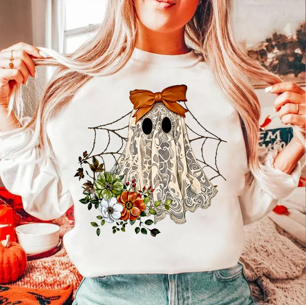 Halloween Lace Ghost T Shirt, Spooky Coquette T-Shirt, Girly Ghost Orange Bow T Shirt v2, Lacey Ghost Tee pooky Season Top Outfit