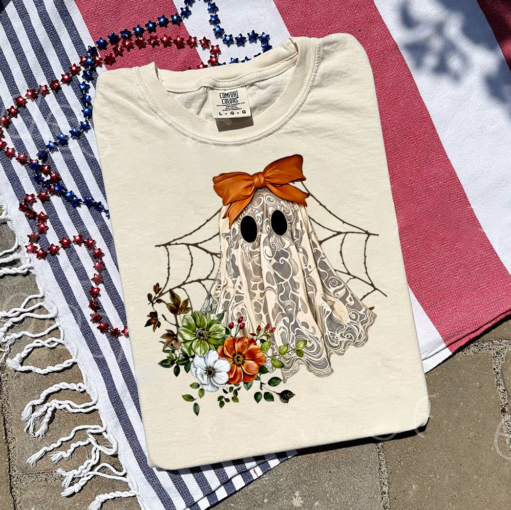Halloween Lace Ghost T Shirt, Spooky Coquette T-Shirt, Girly Ghost Orange Bow T Shirt v2, Lacey Ghost Tee pooky Season Top Outfit