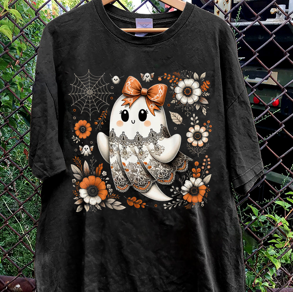 Halloween Lace Ghost T Shirt, Spooky Coquette T-Shirt, Girly Ghost Orange Bow T Shirt v3, Lacey Ghost Tee pooky Season Top Outfit