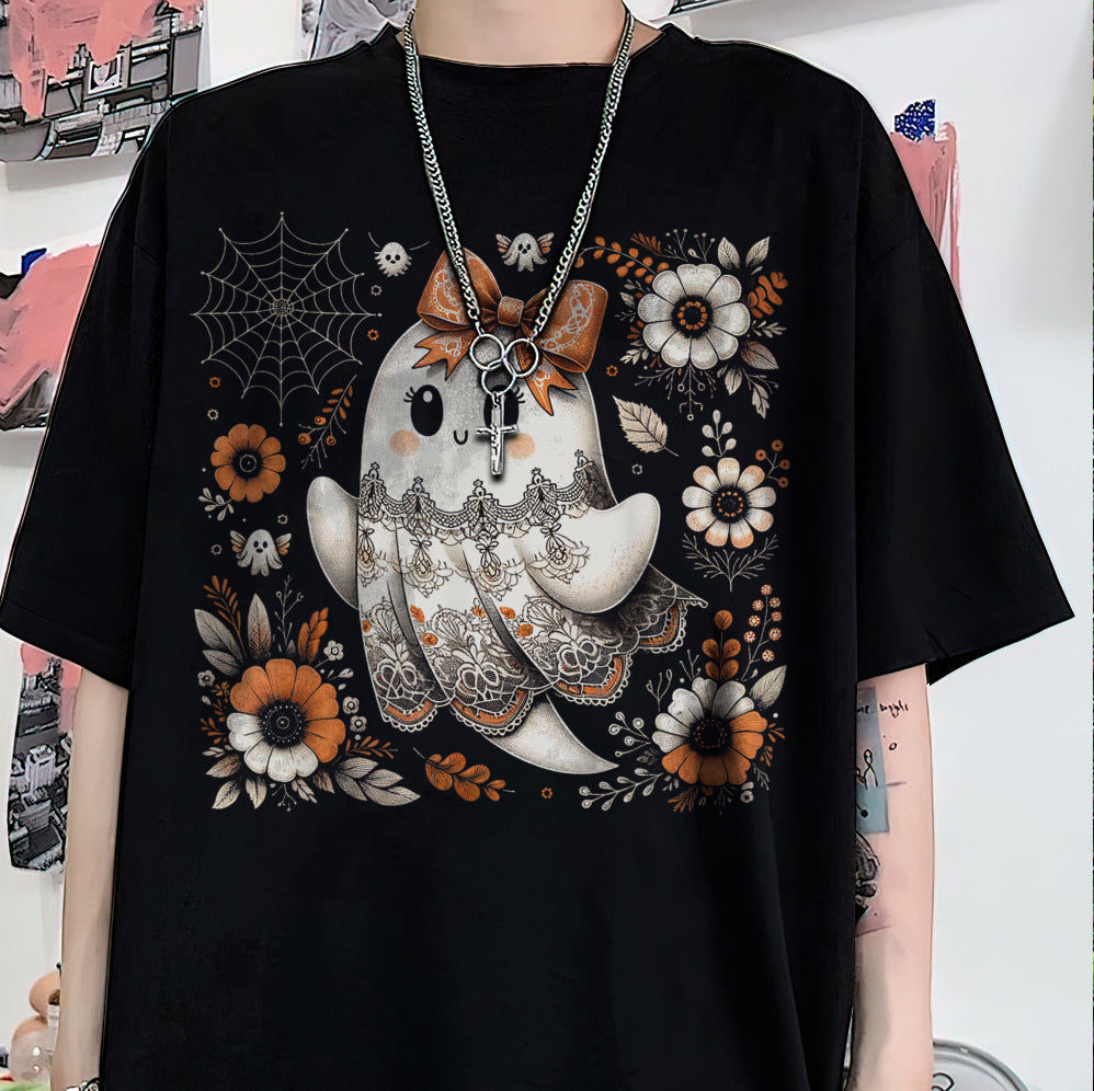 Halloween Lace Ghost T Shirt, Spooky Coquette T-Shirt, Girly Ghost Orange Bow T Shirt v3, Lacey Ghost Tee pooky Season Top Outfit