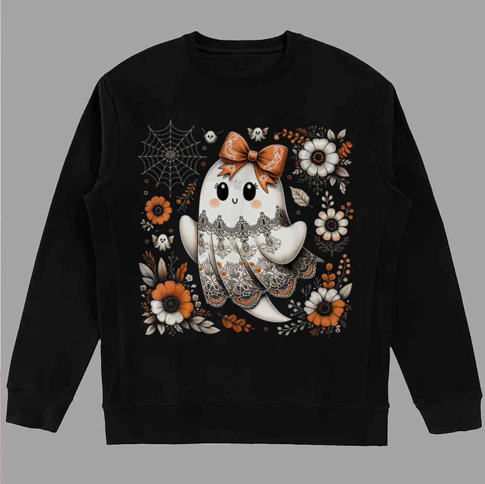Halloween Lace Ghost T Shirt, Spooky Coquette T-Shirt, Girly Ghost Orange Bow T Shirt v3, Lacey Ghost Tee pooky Season Top Outfit