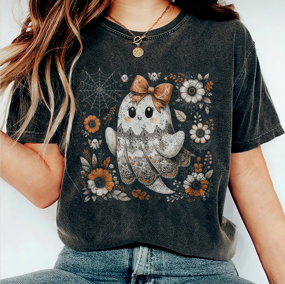 Halloween Lace Ghost T Shirt, Spooky Coquette T-Shirt, Girly Ghost Orange Bow T Shirt v3, Lacey Ghost Tee pooky Season Top Outfit
