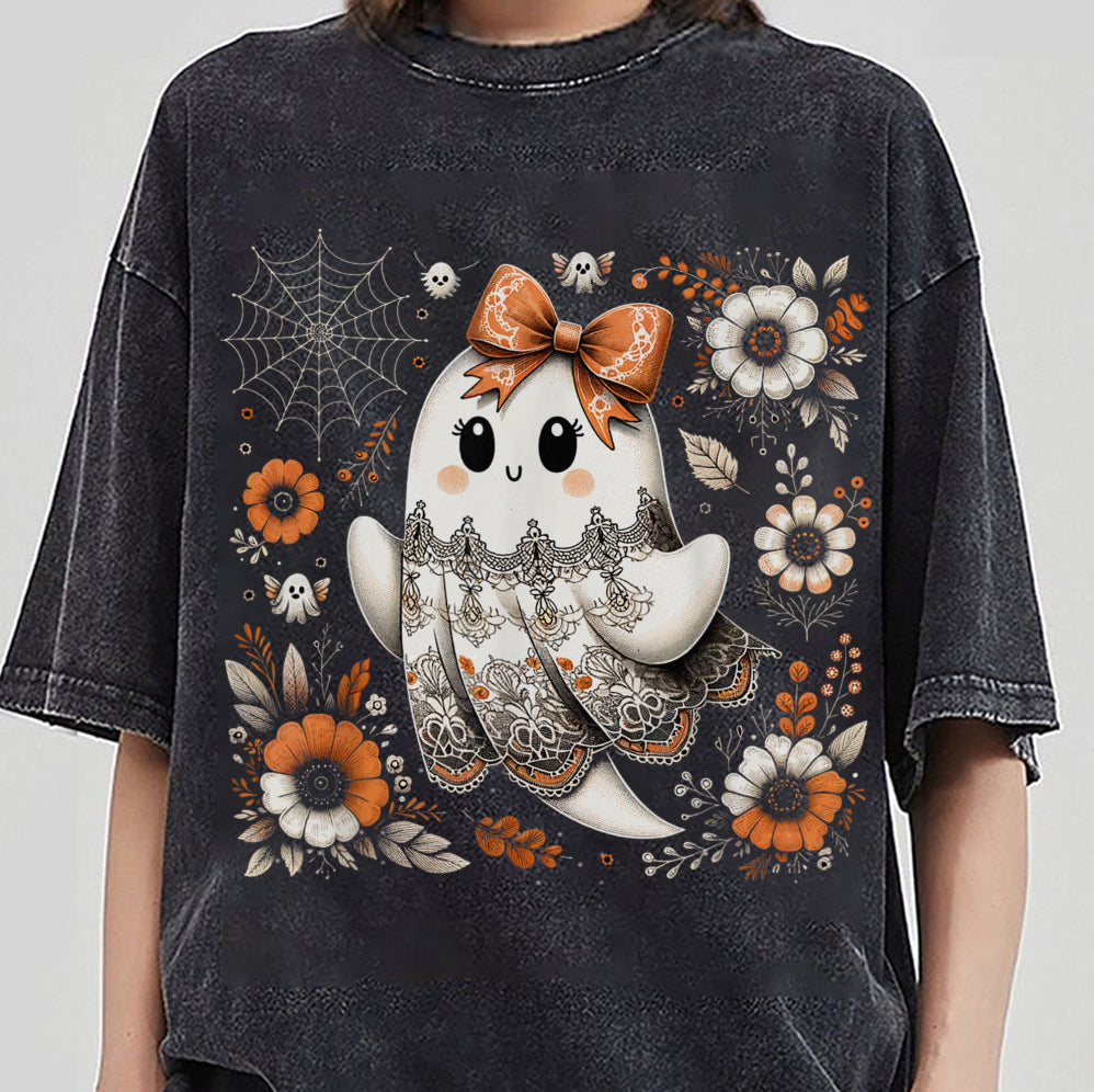Halloween Lace Ghost T Shirt, Spooky Coquette T-Shirt, Girly Ghost Orange Bow T Shirt v3, Lacey Ghost Tee pooky Season Top Outfit