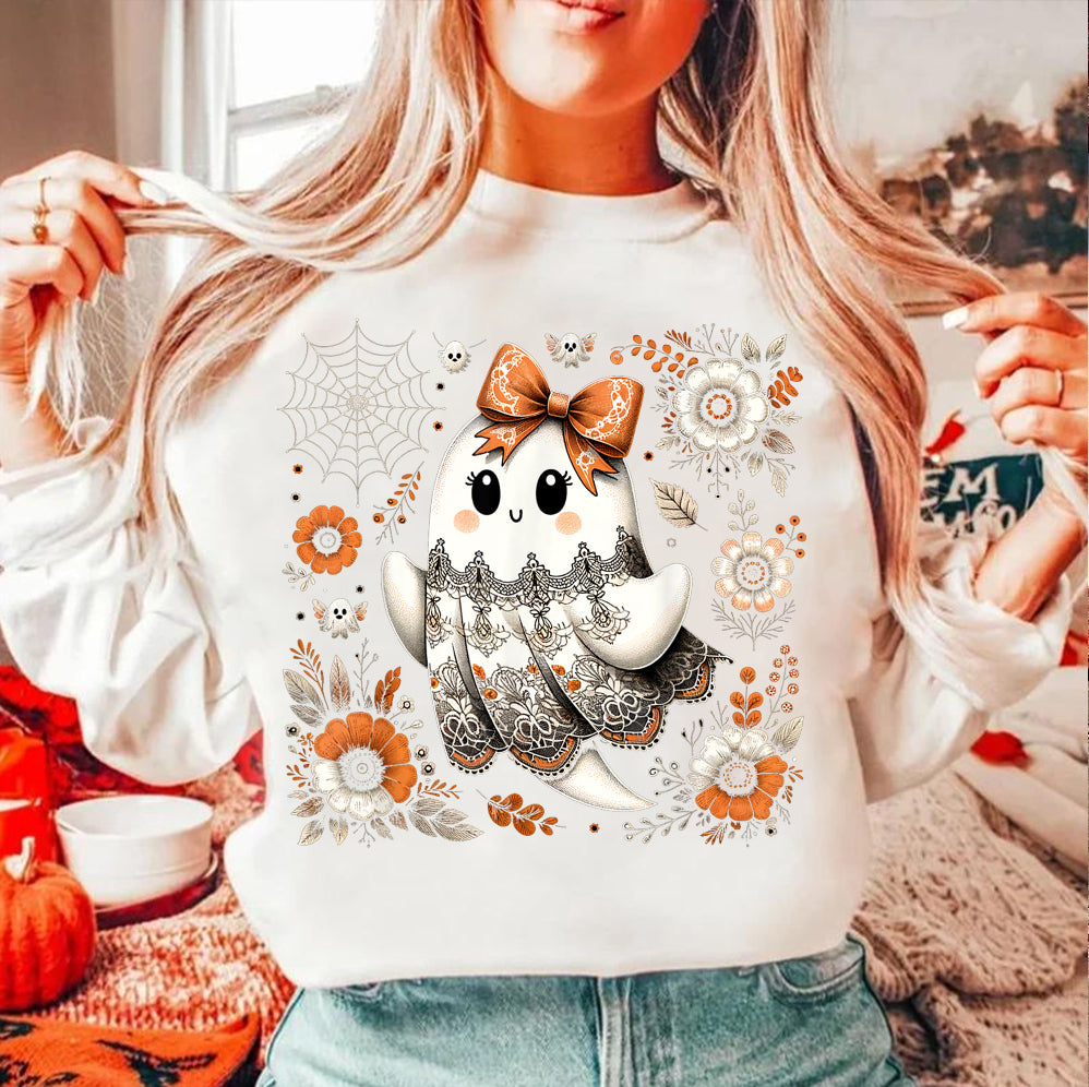 Halloween Lace Ghost T Shirt, Spooky Coquette T-Shirt, Girly Ghost Orange Bow T Shirt v3, Lacey Ghost Tee pooky Season Top Outfit