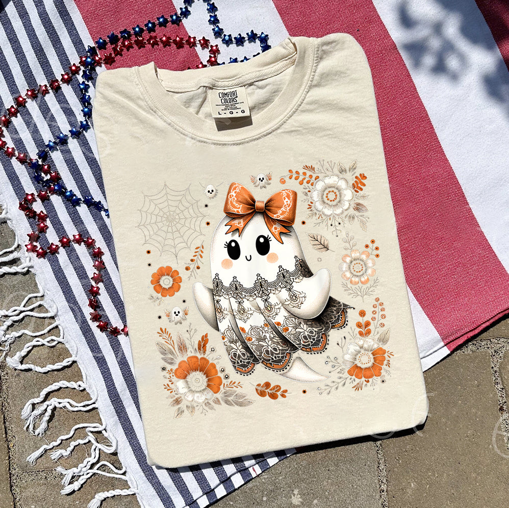 Halloween Lace Ghost T Shirt, Spooky Coquette T-Shirt, Girly Ghost Orange Bow T Shirt v3, Lacey Ghost Tee pooky Season Top Outfit