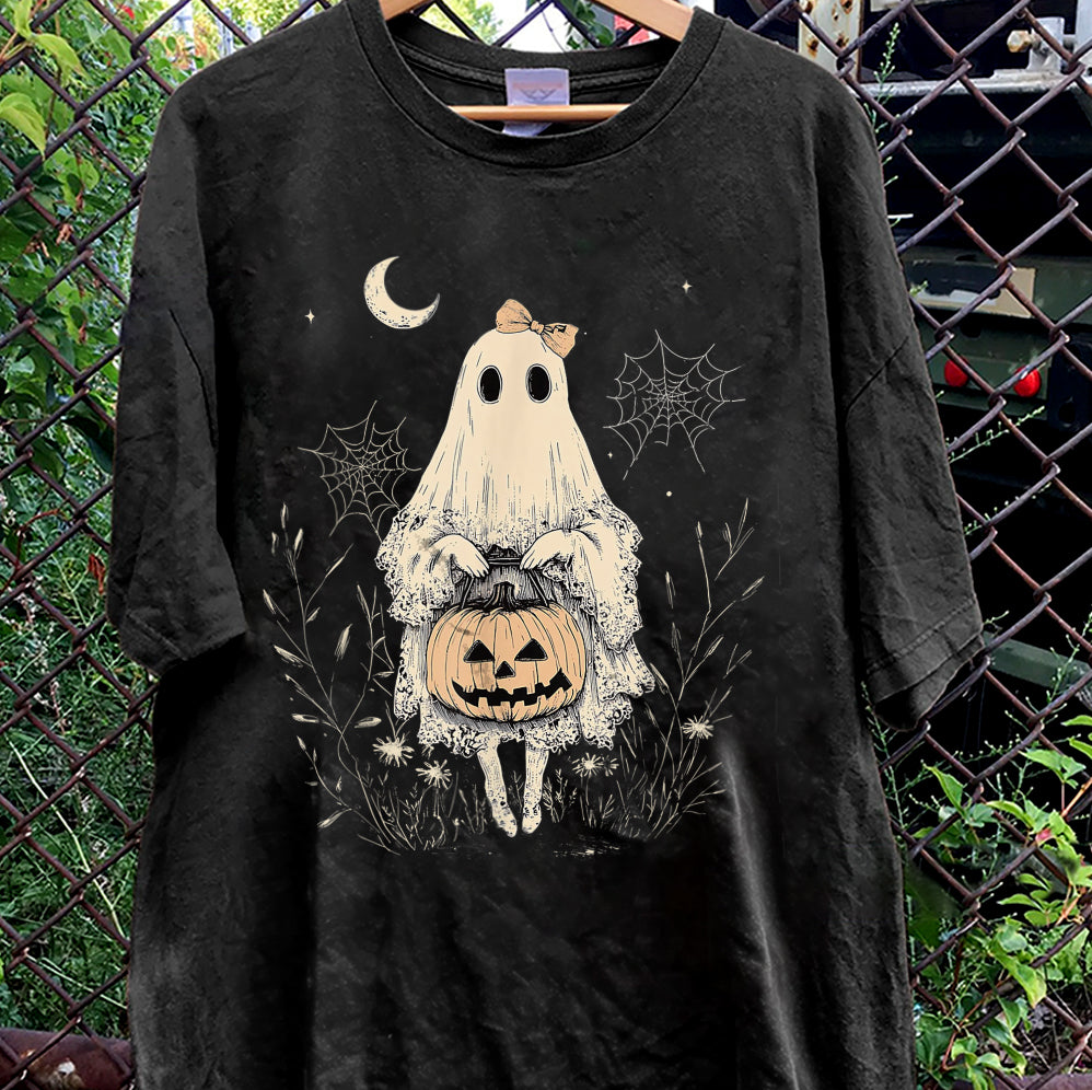 Halloween Lace Ghost T Shirt, Spooky Coquette T-Shirt, Girly Ghost Orange Bow T Shirt v4, Lacey Ghost Tee pooky Season Top Outfit