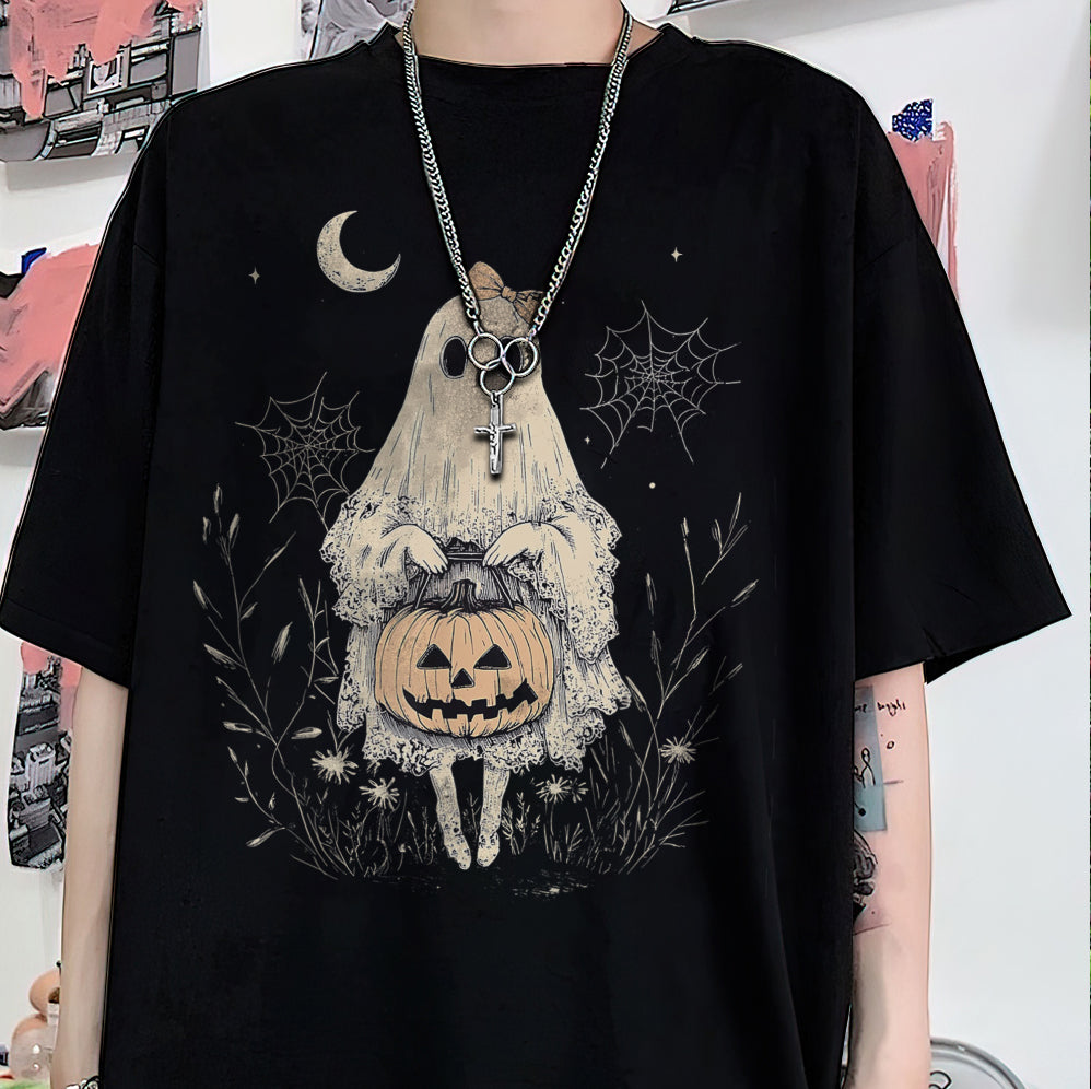 Halloween Lace Ghost T Shirt, Spooky Coquette T-Shirt, Girly Ghost Orange Bow T Shirt v4, Lacey Ghost Tee pooky Season Top Outfit