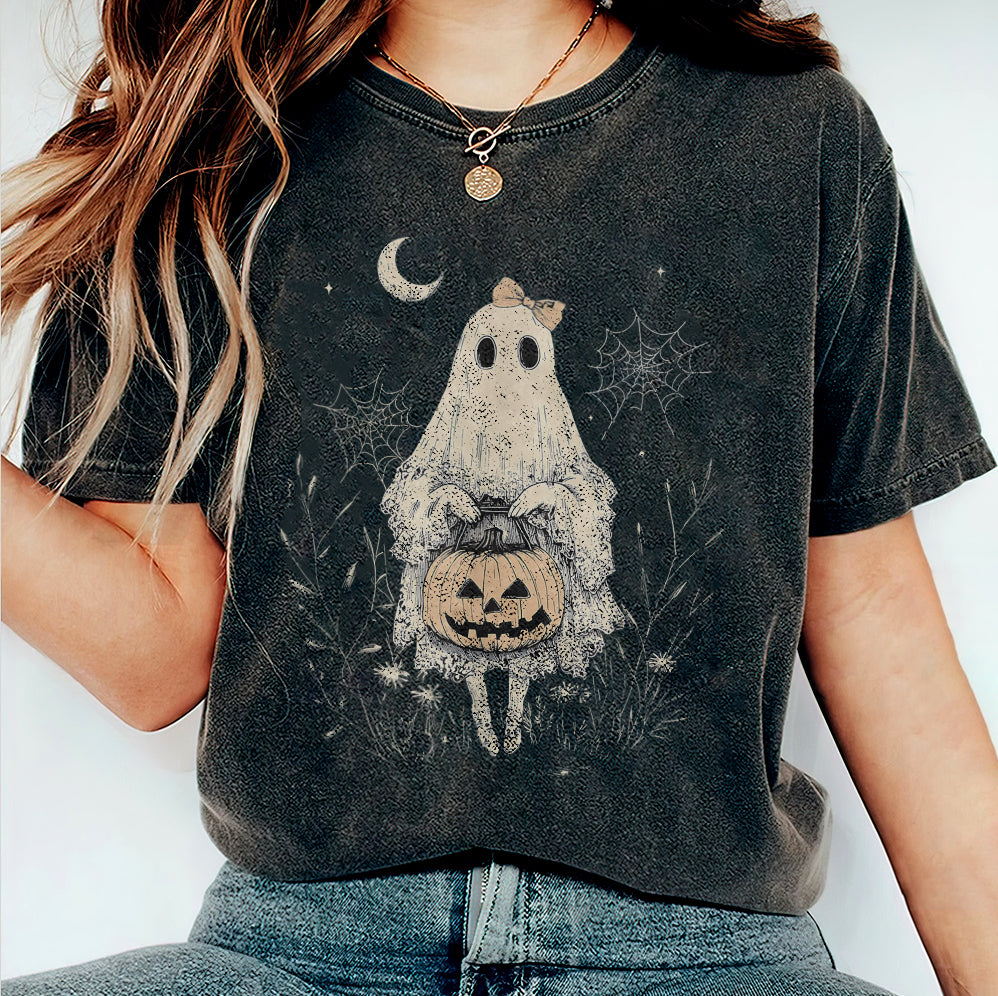 Halloween Lace Ghost T Shirt, Spooky Coquette T-Shirt, Girly Ghost Orange Bow T Shirt v4, Lacey Ghost Tee pooky Season Top Outfit