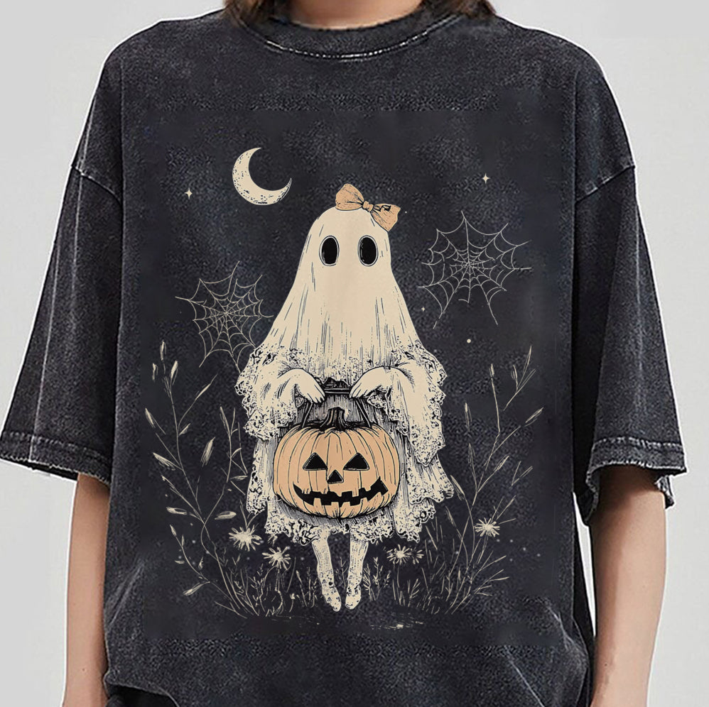 Halloween Lace Ghost T Shirt, Spooky Coquette T-Shirt, Girly Ghost Orange Bow T Shirt v4, Lacey Ghost Tee pooky Season Top Outfit