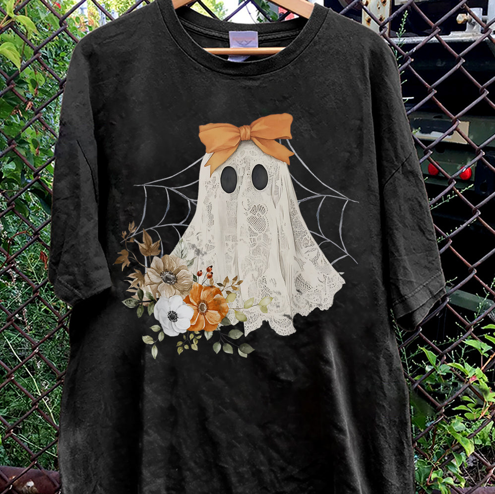 Halloween Lace Ghost T Shirt, Spooky Coquette T-Shirt, Girly Ghost Orange Bow T Shirt v5, Lacey Ghost Tee pooky Season Top Outfit