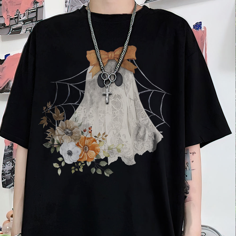 Halloween Lace Ghost T Shirt, Spooky Coquette T-Shirt, Girly Ghost Orange Bow T Shirt v5, Lacey Ghost Tee pooky Season Top Outfit